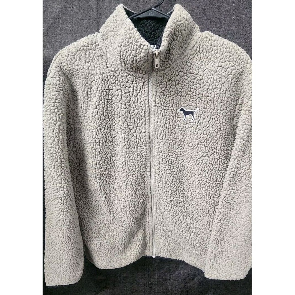 Victoria's Secret PINK Sage Green Black Dog Logo Sherpa Full Zip Jacket XS EUC